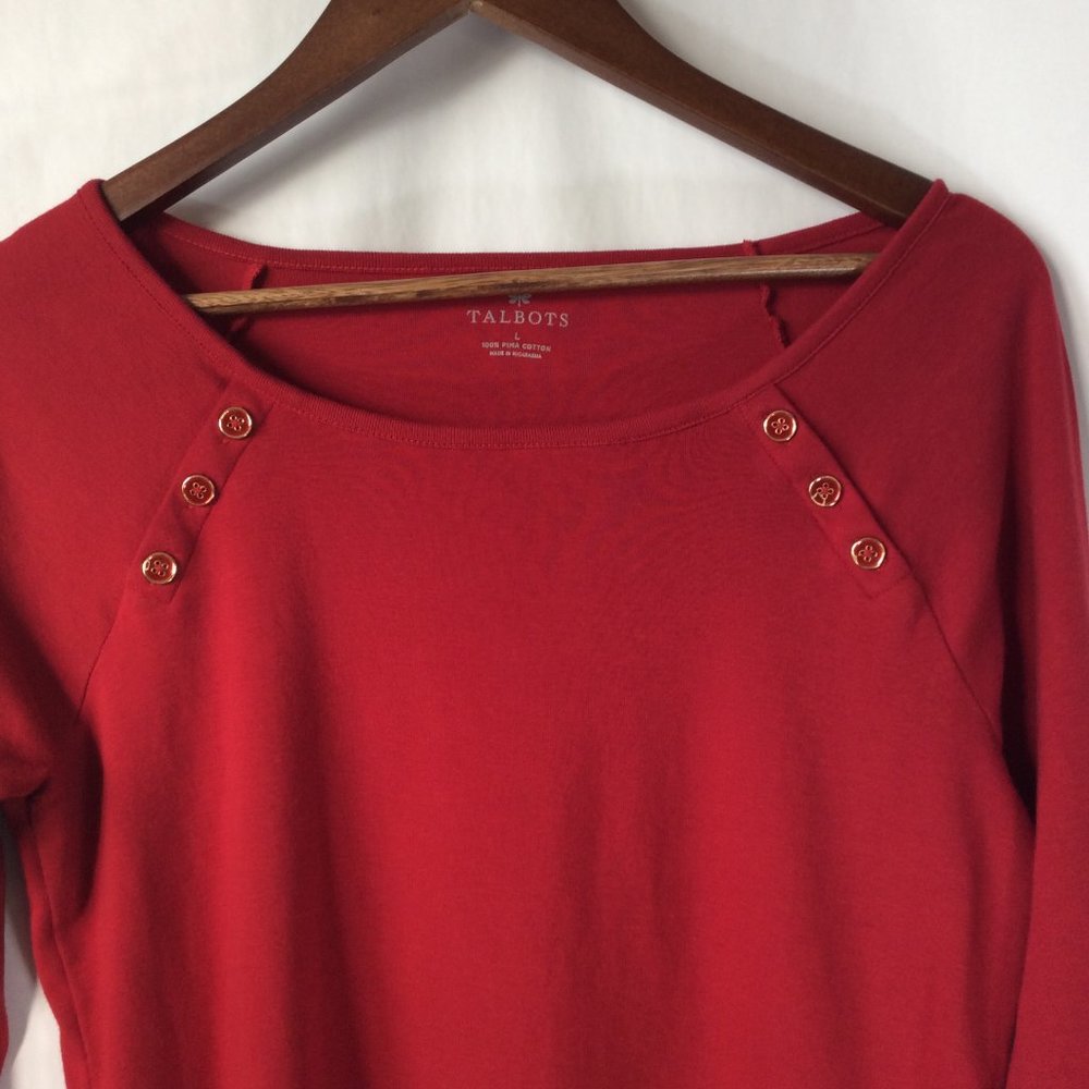 Talbot's Red Blouse with 3/4 Sleeves and Button Accent on Shoulders - Picture 4 of 6